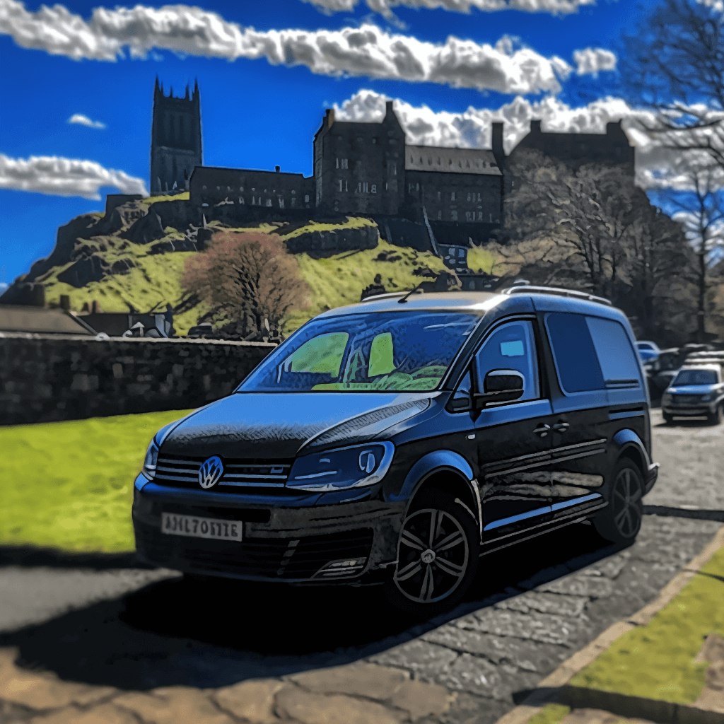 EdiVentures local transfer service with a car in front of historic castle, providing premium travel around Edinburgh and beyond.